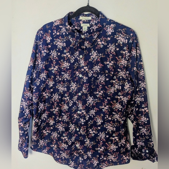 L.L. BEAN Floral WRINKLE FREE Cotton Button Down Shirt Navy Pink Size L EUC - Picture 2 of 12